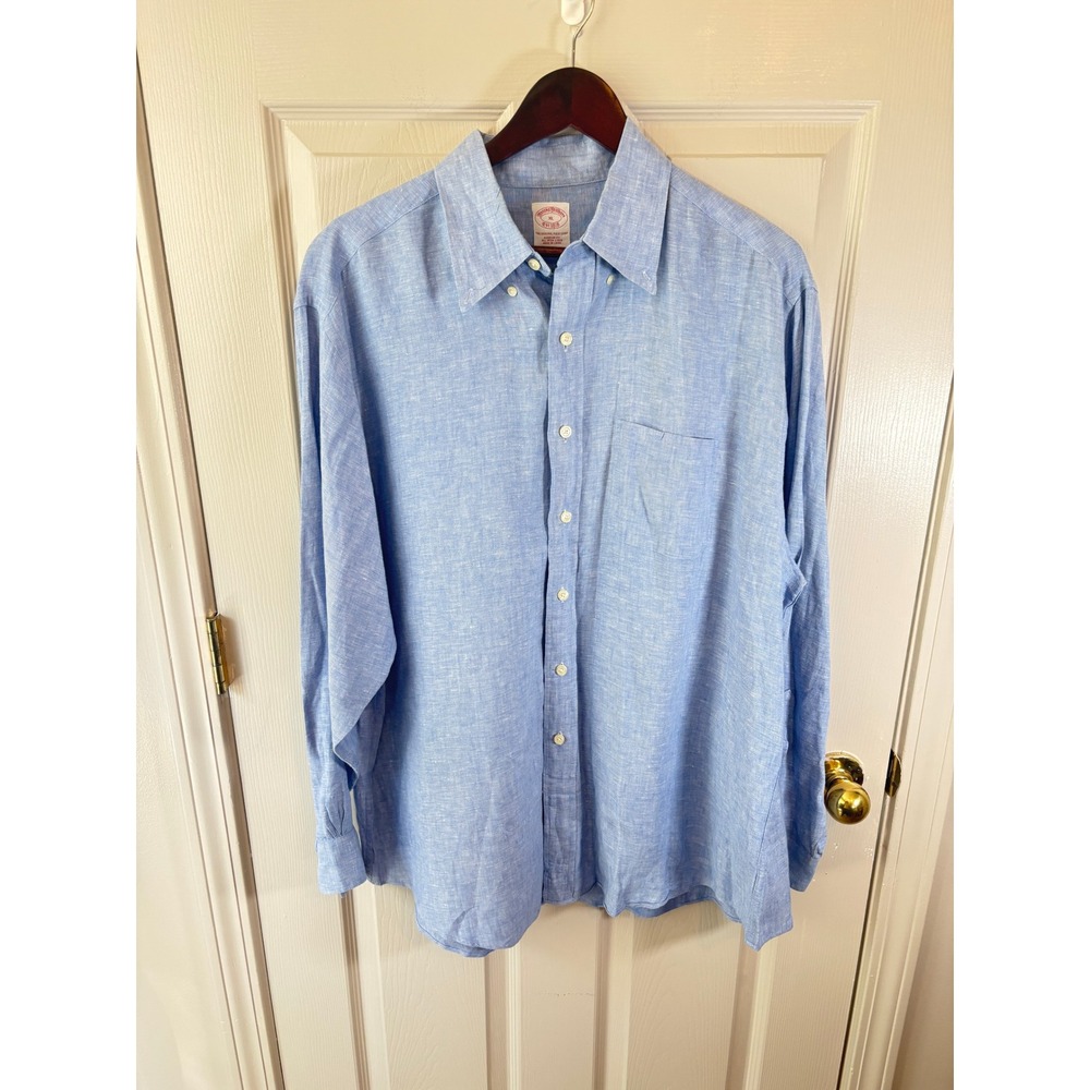 Brooks Brothers Mens XL Irish Linen Shirt Light Blue Regular Fit Button Down